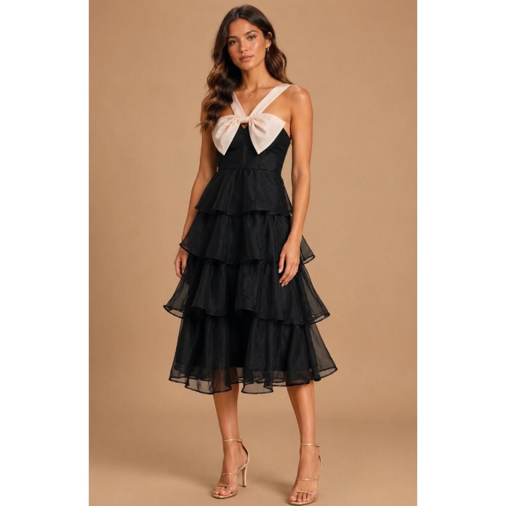 Lulus Black Organza Tiered Midi‎ Dress Cream Bow Straps Smocked XL